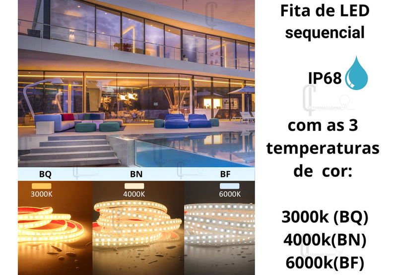 Fita de LED Sequencial 24V IP68 – Submersível, com 3 Temperaturas de Cor e Efeitos Personalizáveis
