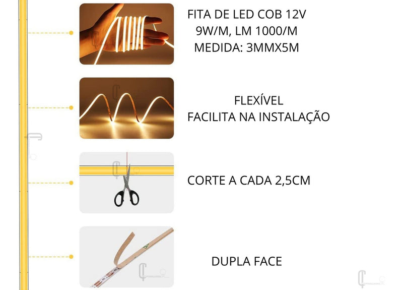 Fita LED Catarina Ilumina Ultra Slim COB 3mm – Iluminação Contínua e Potente para Ambientes Internos