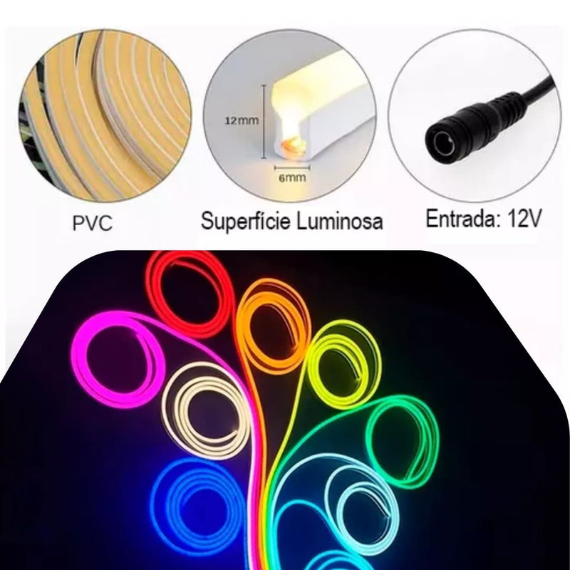 Mangueira Led Neon 12v 12x6mm BQ 3000k 50mts