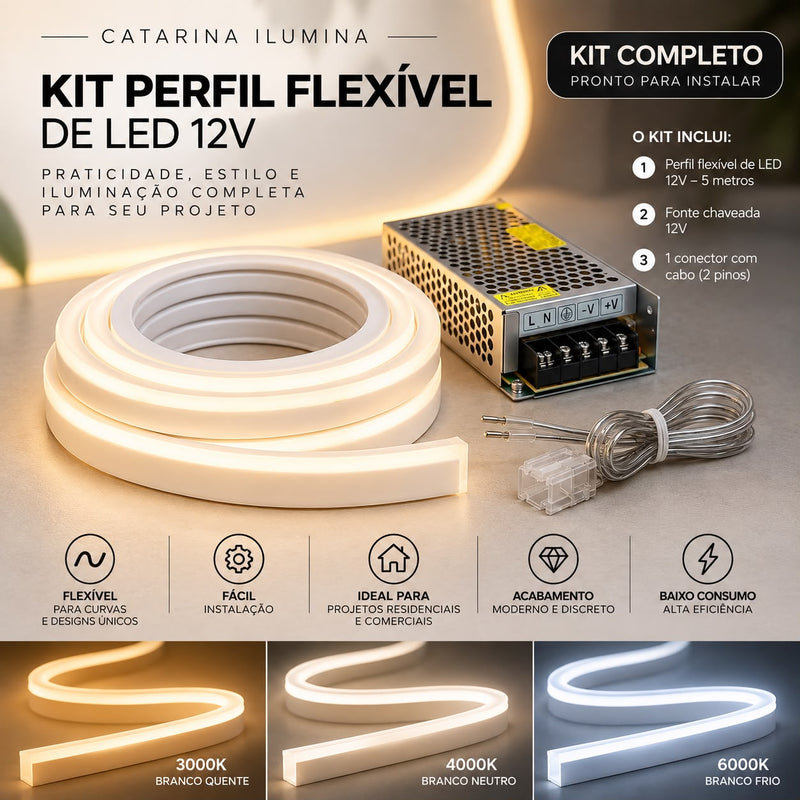 Kit Perfil Flexível LED 12V 5m IP65 + Fonte + Conector